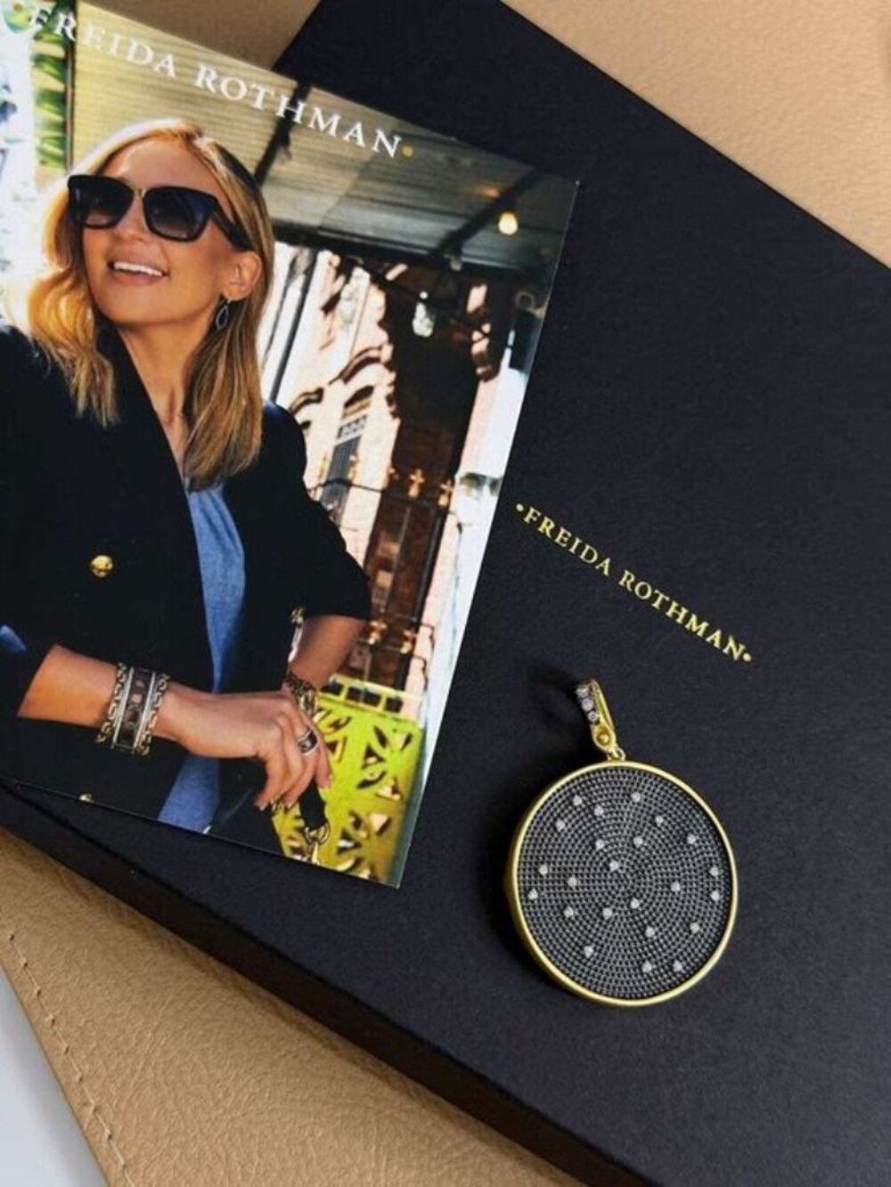 FREIDA ROTHMAN ENHANCER PENDANT - Midnight Collection Black and Gold with Green - Picture 2 of 2